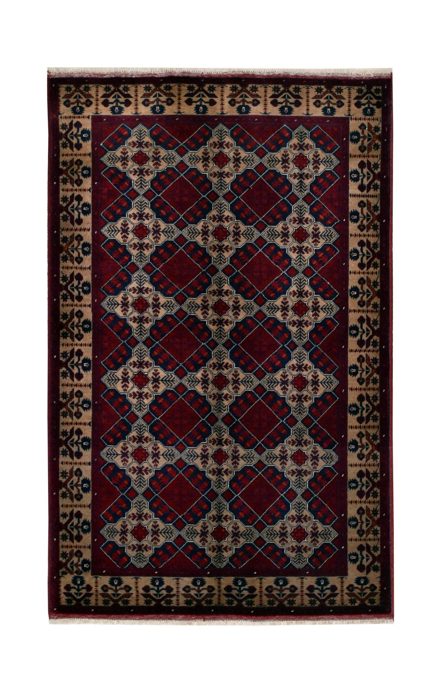 Handmade Afghan Biljik rug featuring a geometric diamond pattern in deep red, blue, and tan.