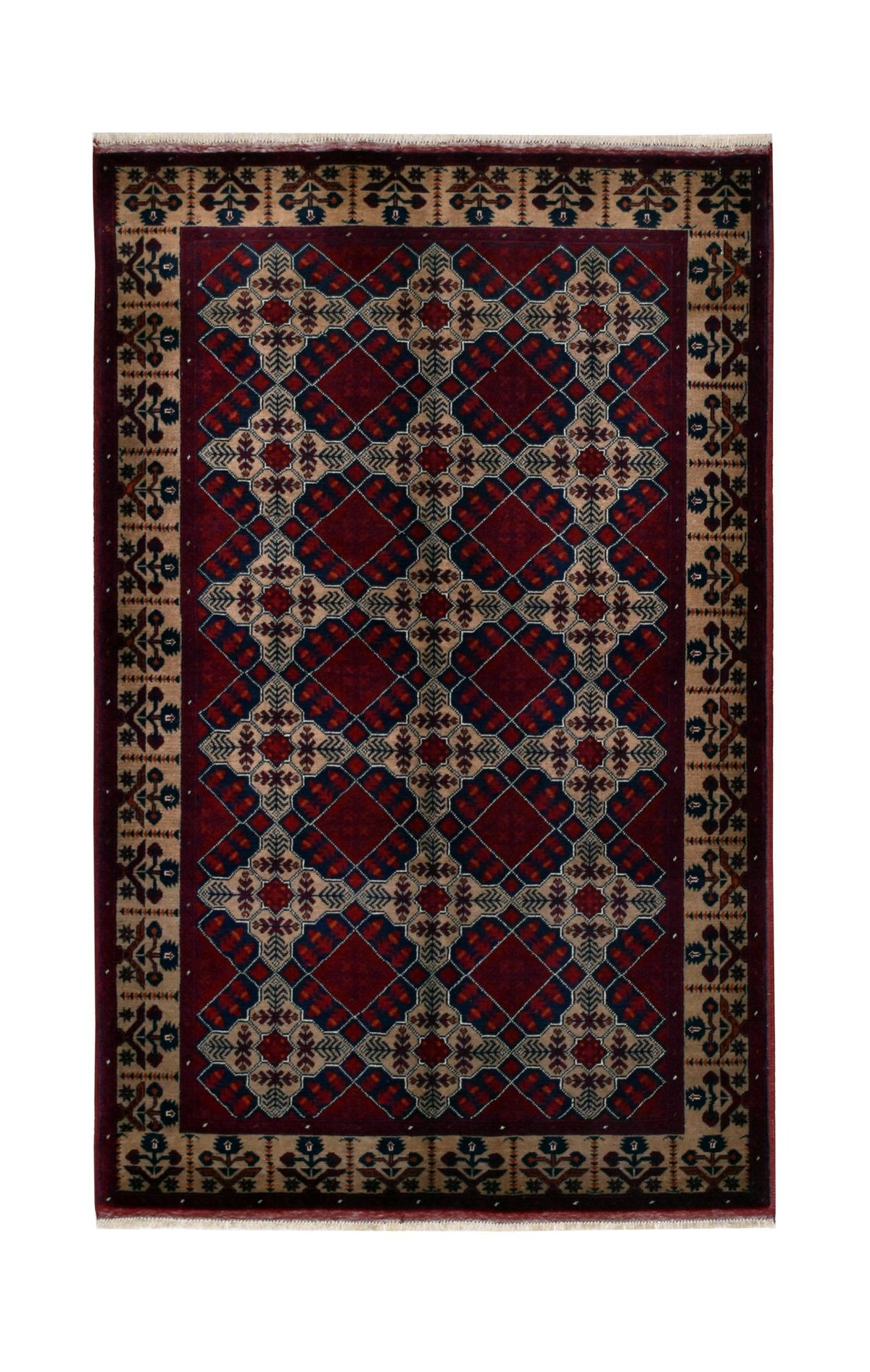 Hand-knotted Afghan Biljik rug featuring a geometric pattern in deep red, blue, and cream with a detailed border and fringe.