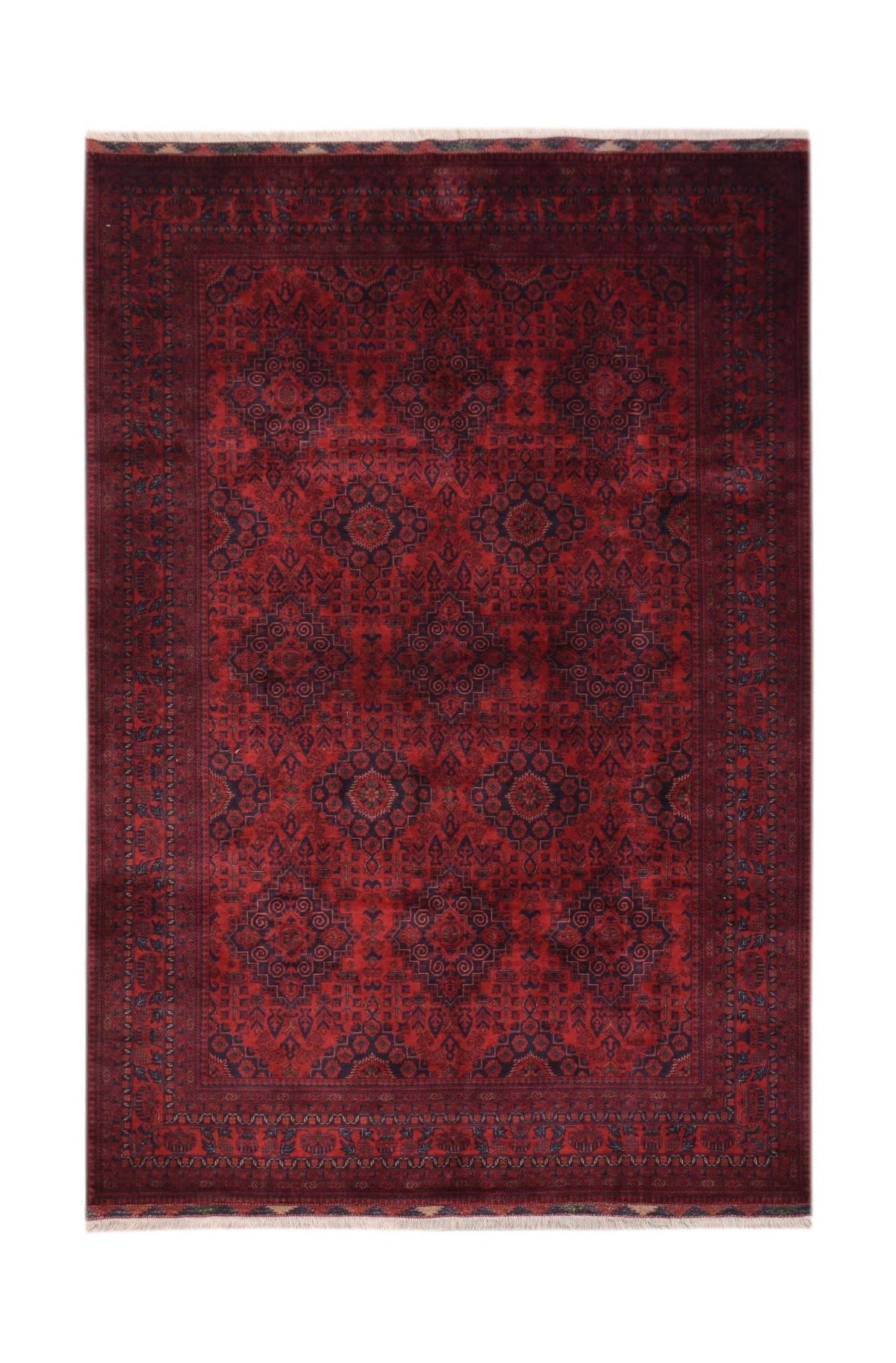 Hand-knotted Afghan Biljik rug featuring deep red and blue geometric tribal patterns with a short fringe.