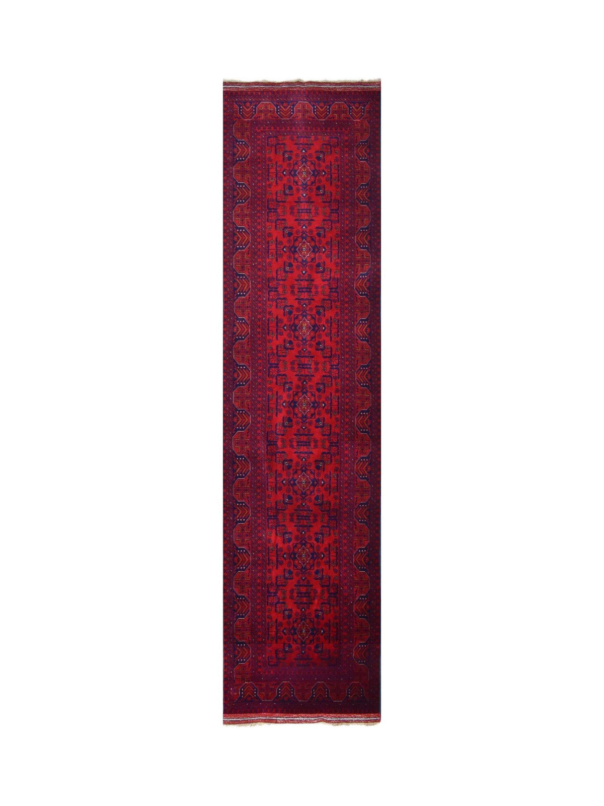 Hand-woven Afghan Biljik runner in deep red with intricate blue tribal medallions and a geometric border.