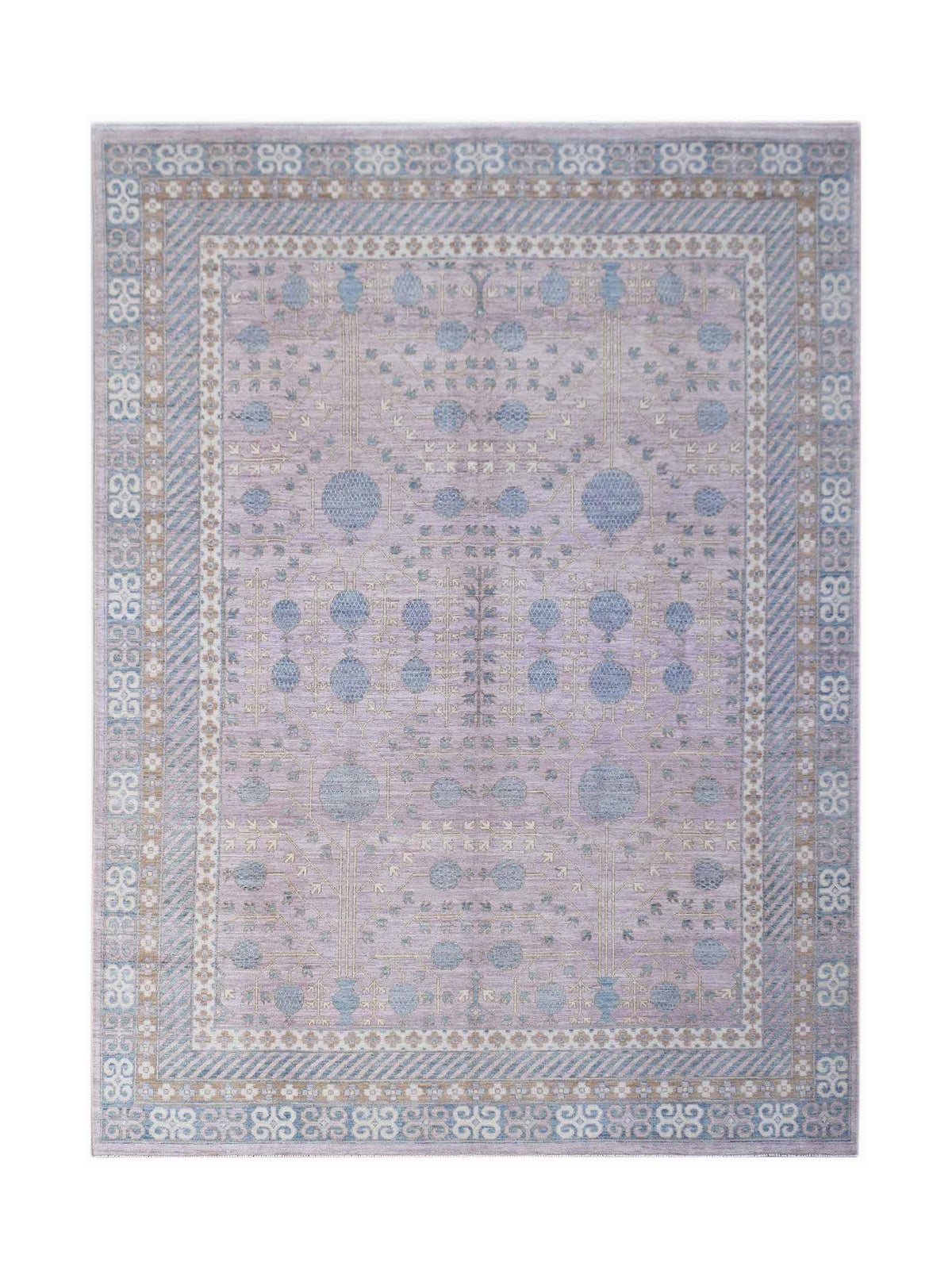 A rectangular Afghan Chobi rug featuring a light purple field with blue pomegranate motifs.