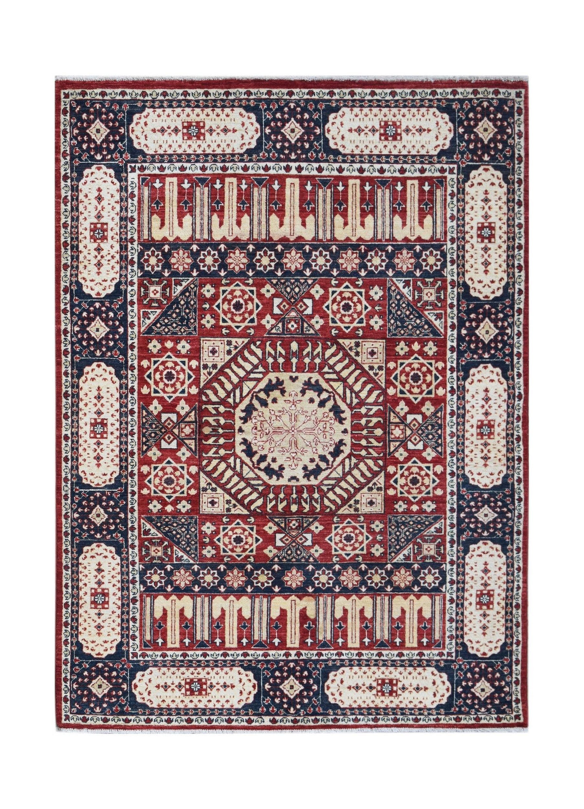 Hand-knotted Afghan Chobi rug featuring a geometric Mamluk design with red, navy, and cream octagons and star motifs.