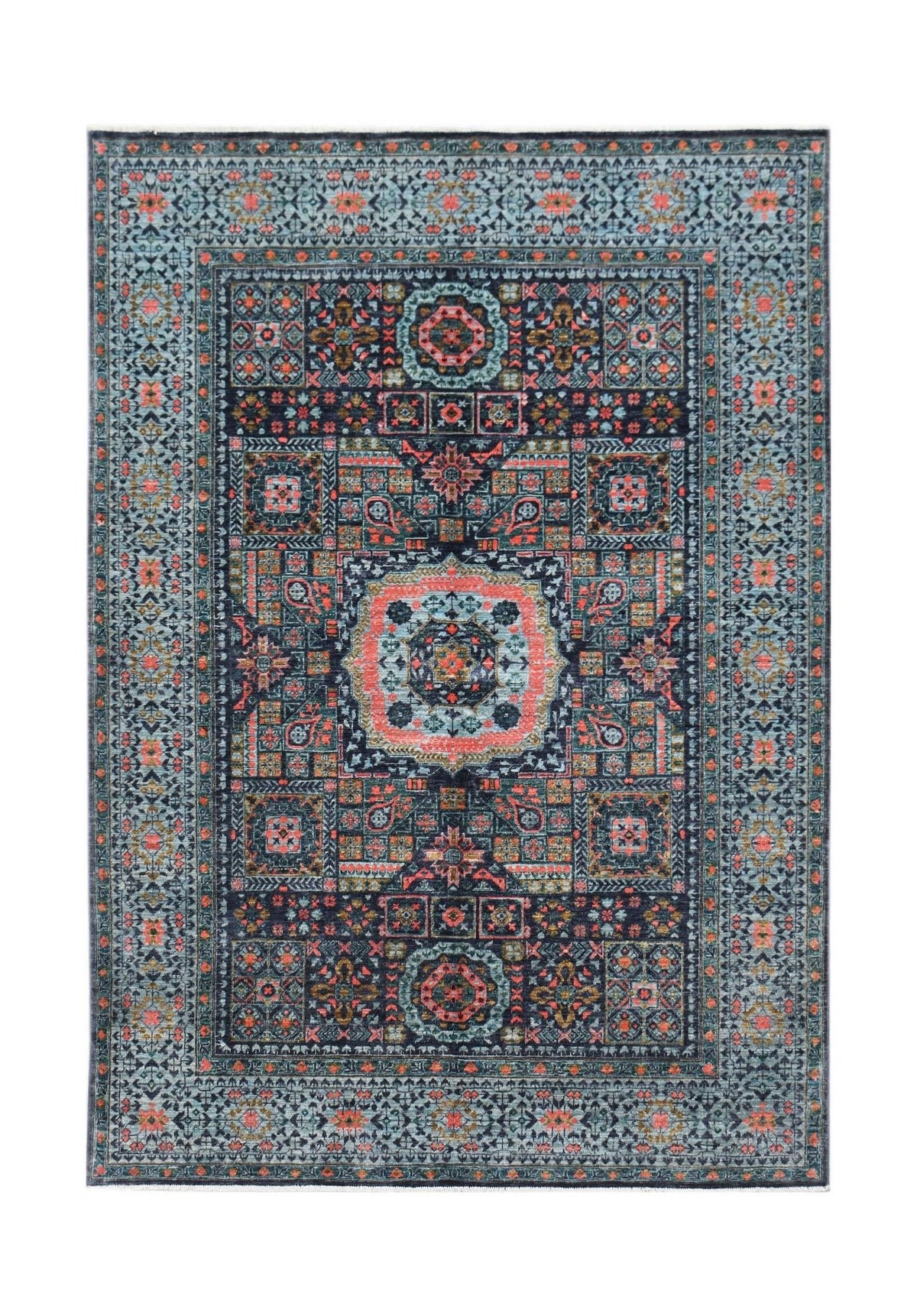 Hand-knotted Afghan Chobi rug featuring a geometric Mamluk design with jewel-toned octagons in blue, red, and charcoal.