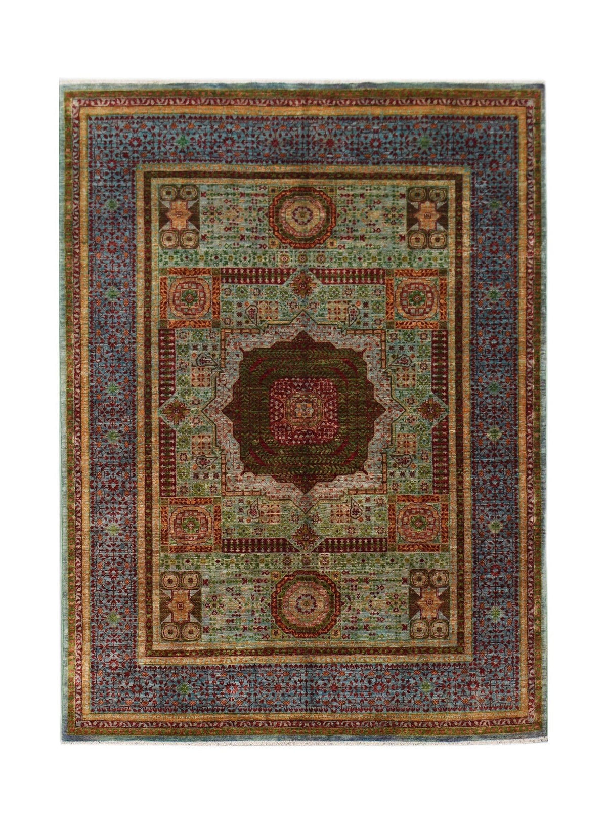 Hand-knotted Afghan Chobi rug featuring a geometric Mamluk design with jewel-toned octagons and star motifs.