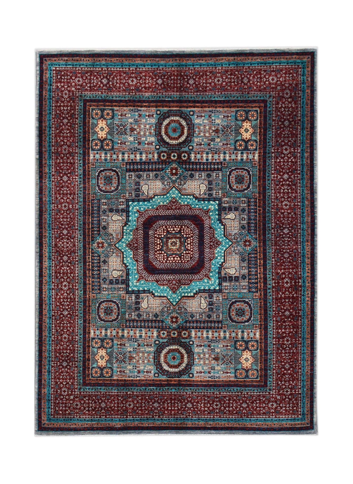 Hand-knotted Afghan Chobi rug featuring a geometric Mamluk design with jewel-toned octagons in deep red and teal.