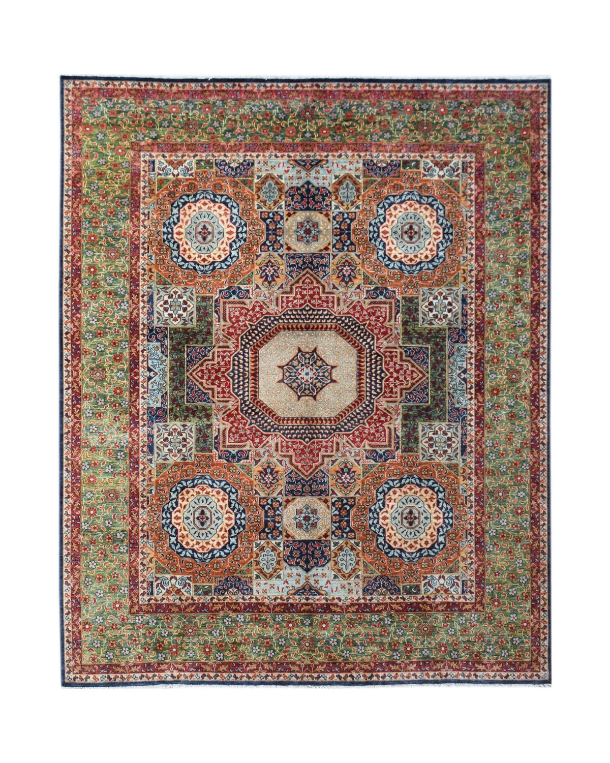 Hand-knotted Afghan Chobi rug featuring a geometric Mamluk design with repeating octagons in jewel tones on a green border.