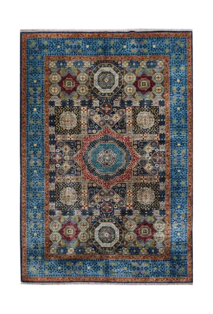 Handmade Afghan Chobi rug featuring a traditional Mamluk medallion design in blue and red tones.
