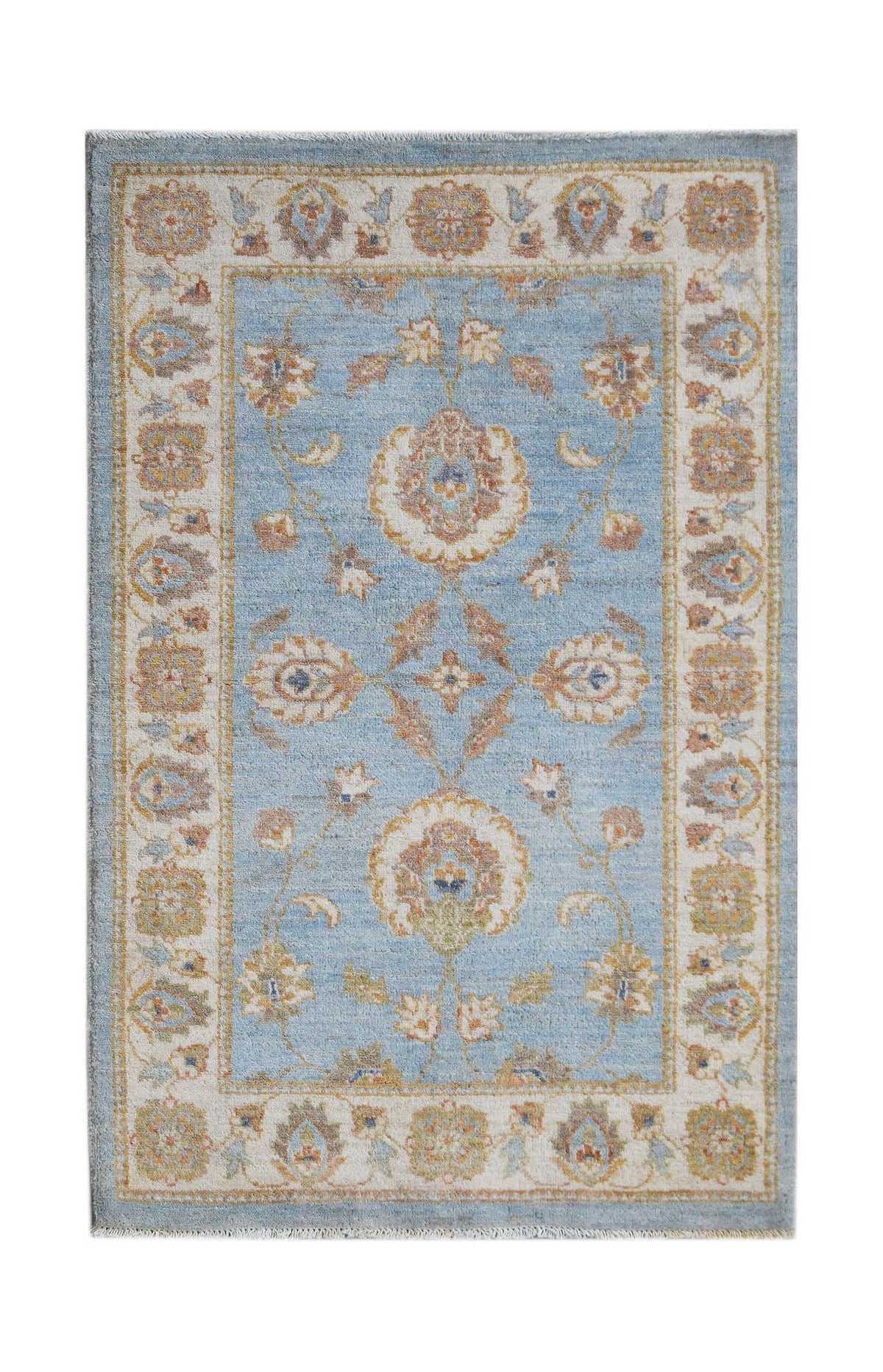 A rectangular Afghan Chobi rug featuring a light blue field with traditional floral motifs.