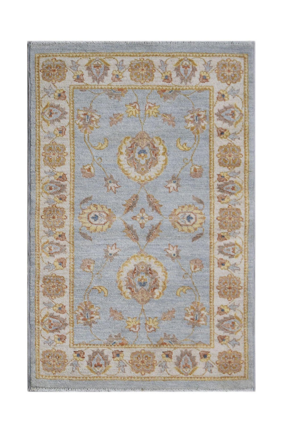 A rectangular Afghan Chobi rug featuring a light blue field with traditional floral motifs.