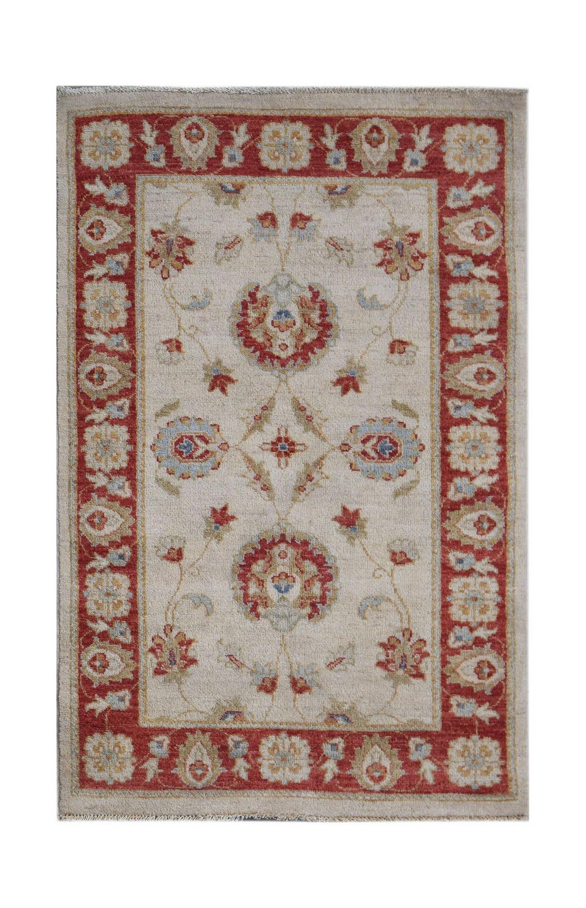 Hand-knotted Afghan Chobi rug with a cream field, red floral border, and intricate traditional patterns.