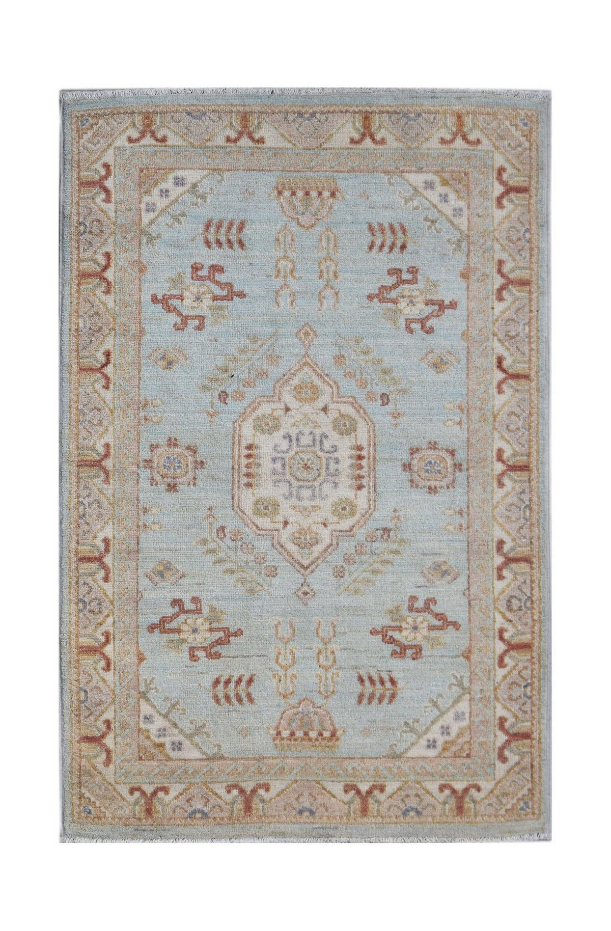 A rectangular Afghan Chobi rug featuring a central medallion on a light blue field.