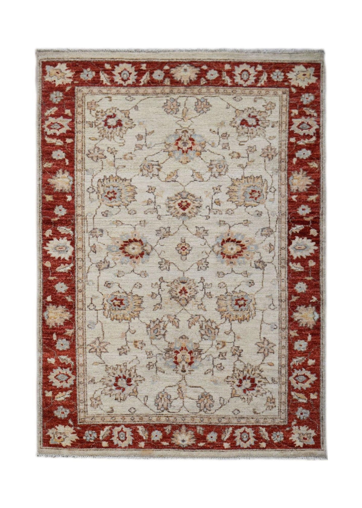 Hand-knotted Afghan Chobi rug with a cream field, floral motifs in red and blue, and a wide red decorative border.