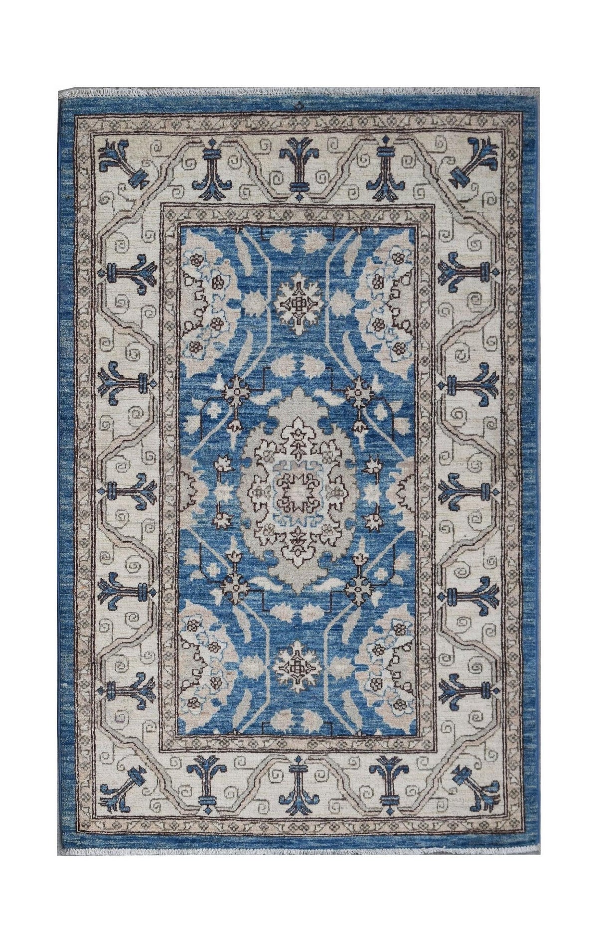 Hand-knotted Afghan Chobi rug featuring a blue and cream floral medallion pattern with a fringed edge.