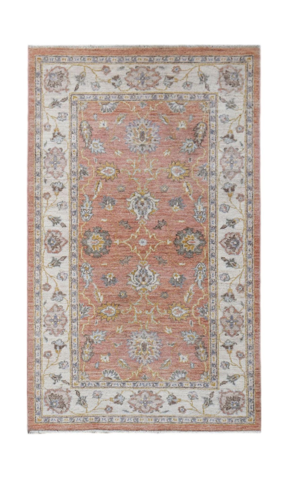 A rectangular Afghan Chobi rug featuring a traditional floral pattern in muted terracotta and cream.