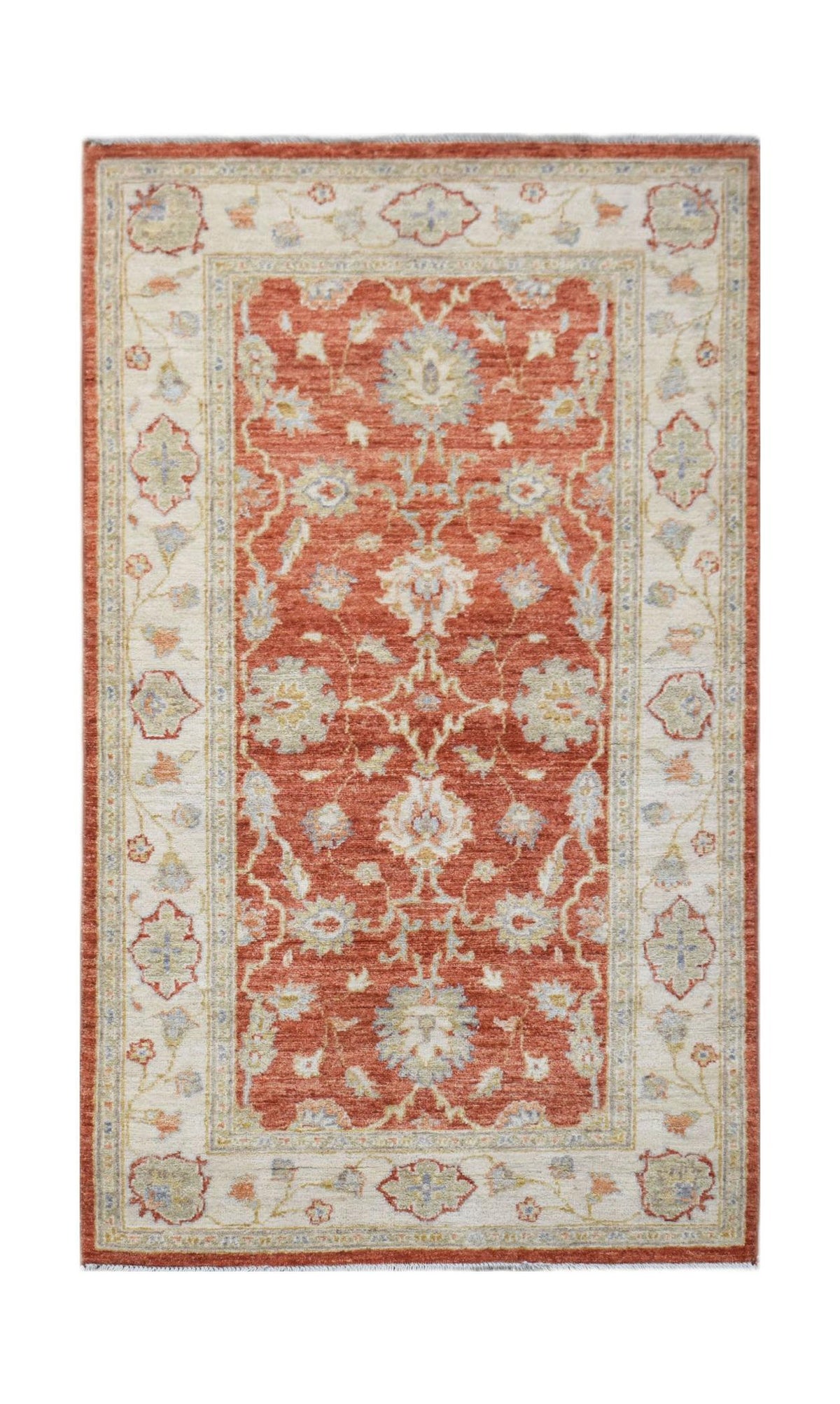 Hand-knotted Afghan Chobi rug featuring a rust-red field with intricate floral patterns and a cream border.