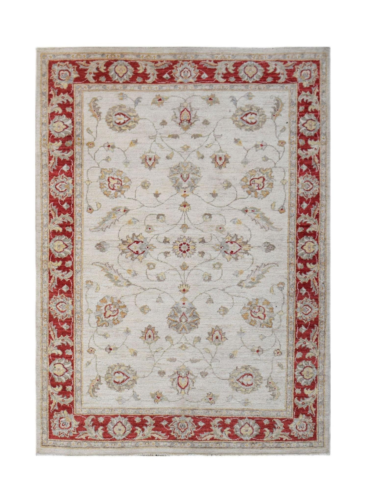Handwoven Afghan Chobi rug featuring a floral pattern in red and beige tones.
