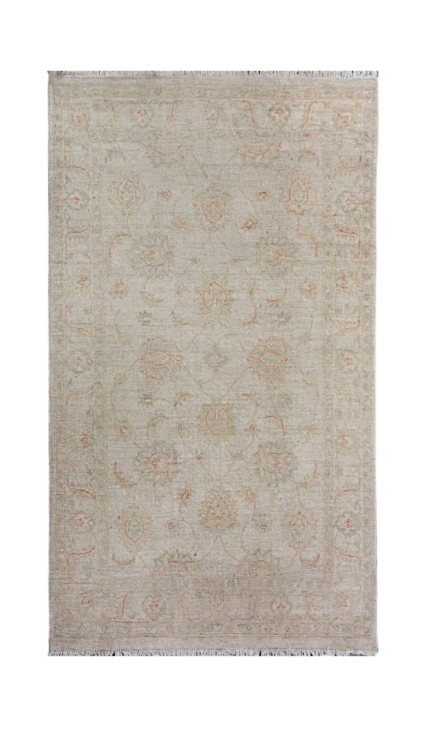 Handmade Afghan Chobi rug featuring a traditional floral pattern in soft neutral tones.