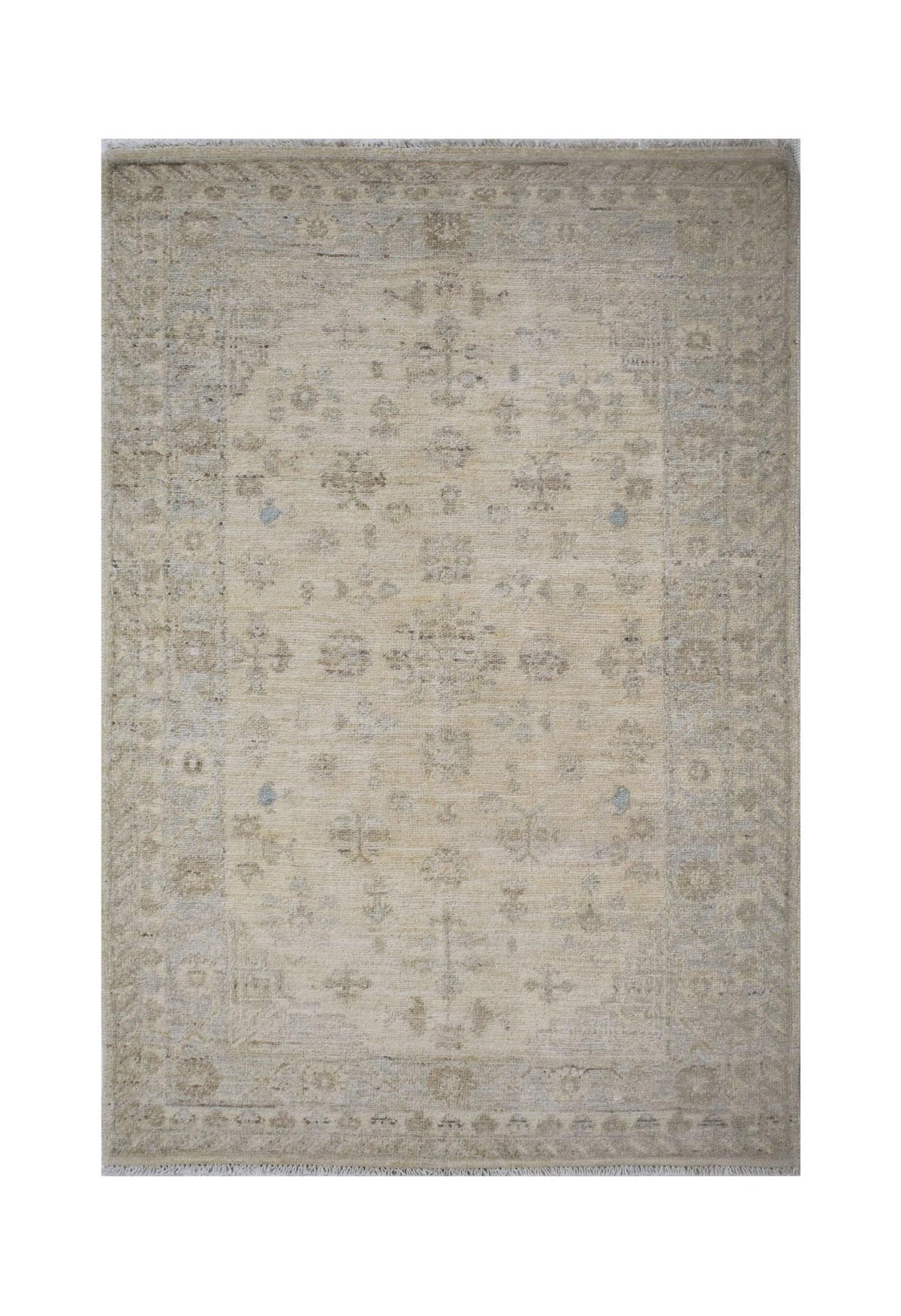 Hand-knotted Afghan Chobi rug in neutral beige tones with a subtle floral pattern and short knotted fringe.