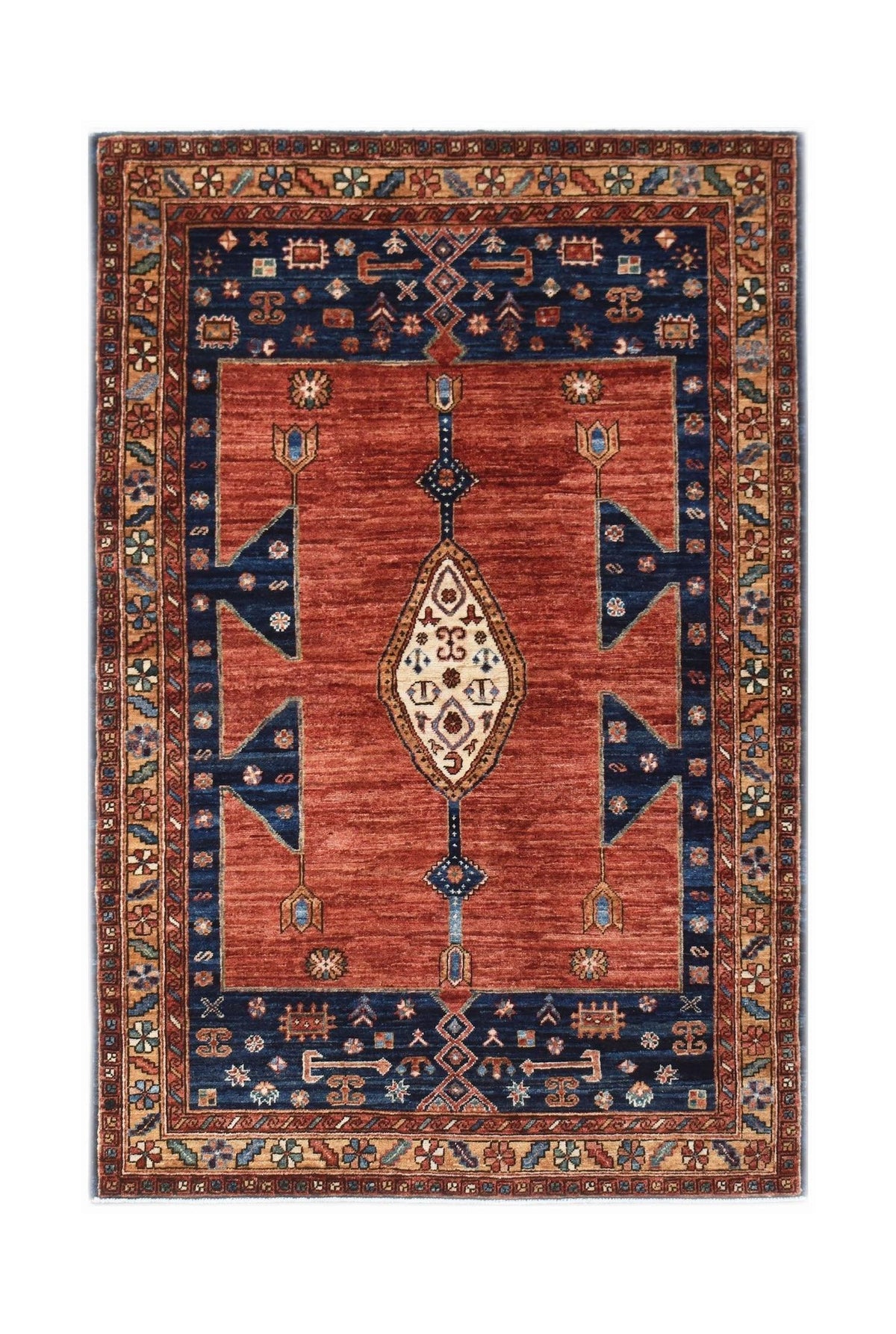 Hand-knotted Afghan Chobi rug with a central diamond medallion, deep red field, and intricate blue floral border.