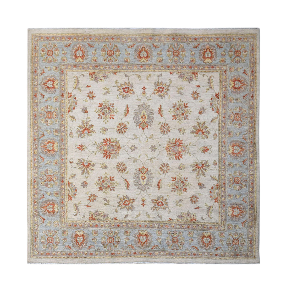 Square hand-knotted Afghan Chobi rug featuring a floral pattern in soft blue, cream, and terracotta tones.