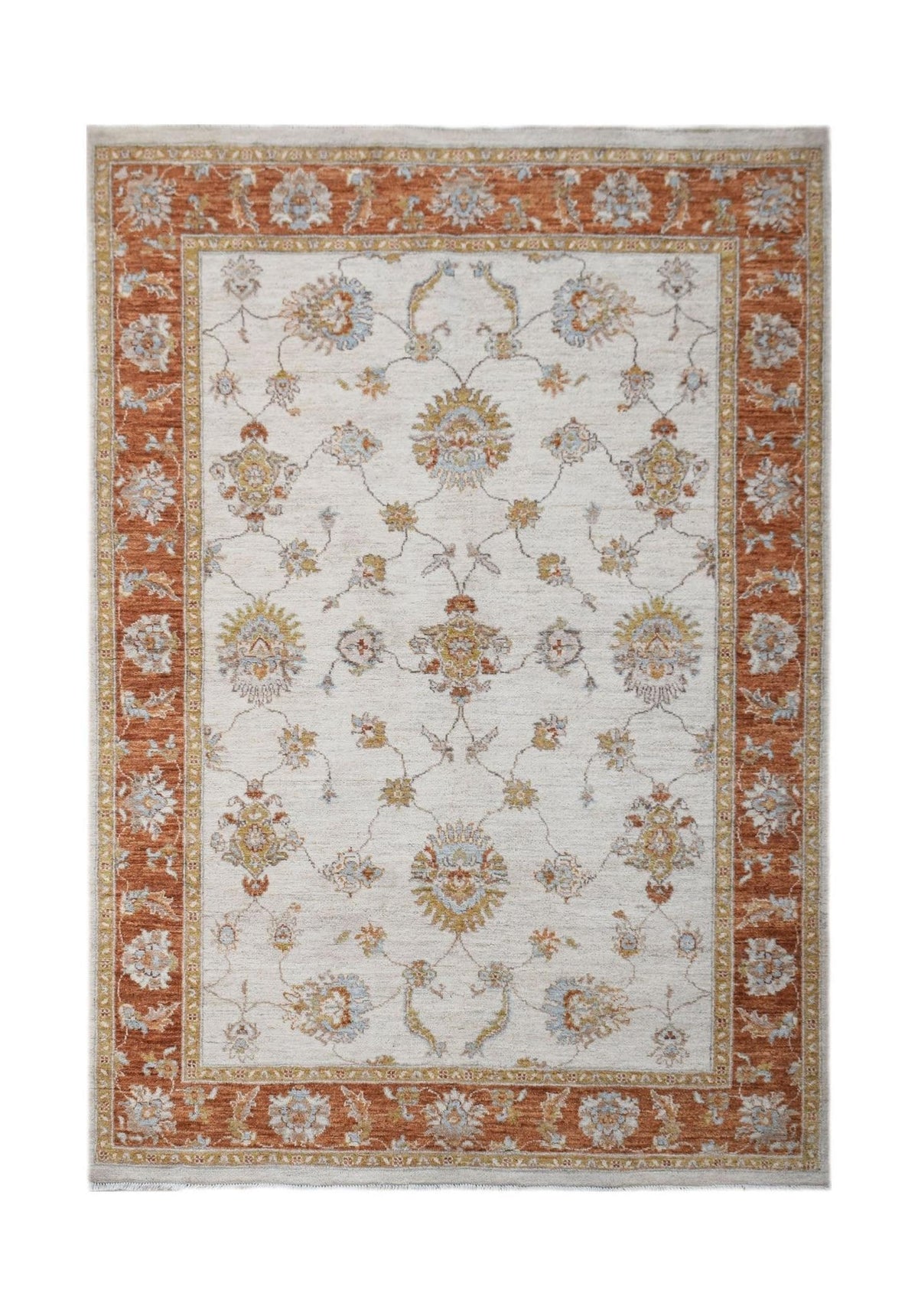 Hand-knotted Afghan Chobi rug featuring a cream field with rust-orange borders and intricate floral patterns.