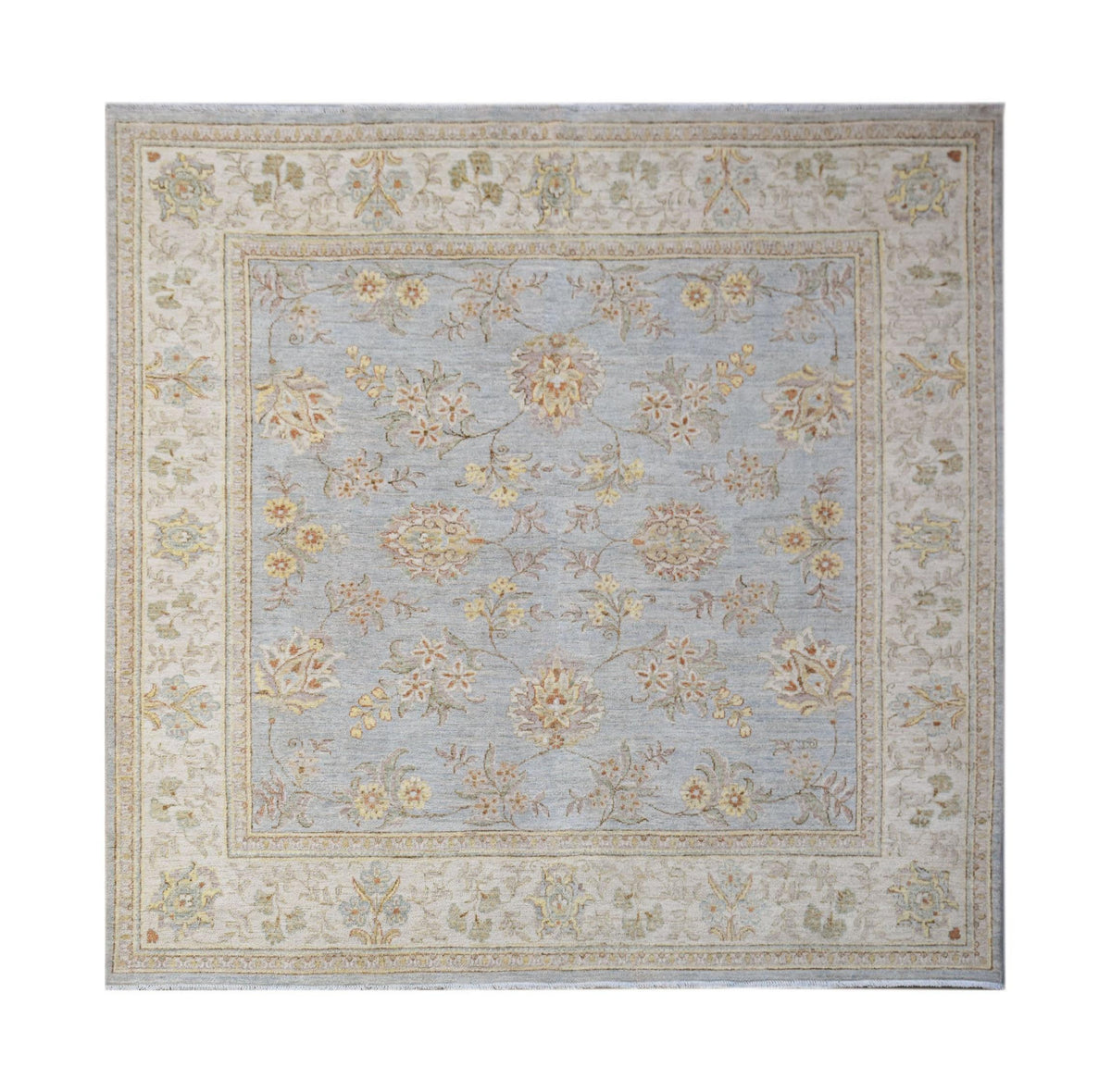 A square Afghan Chobi rug featuring a light blue field with traditional floral patterns.