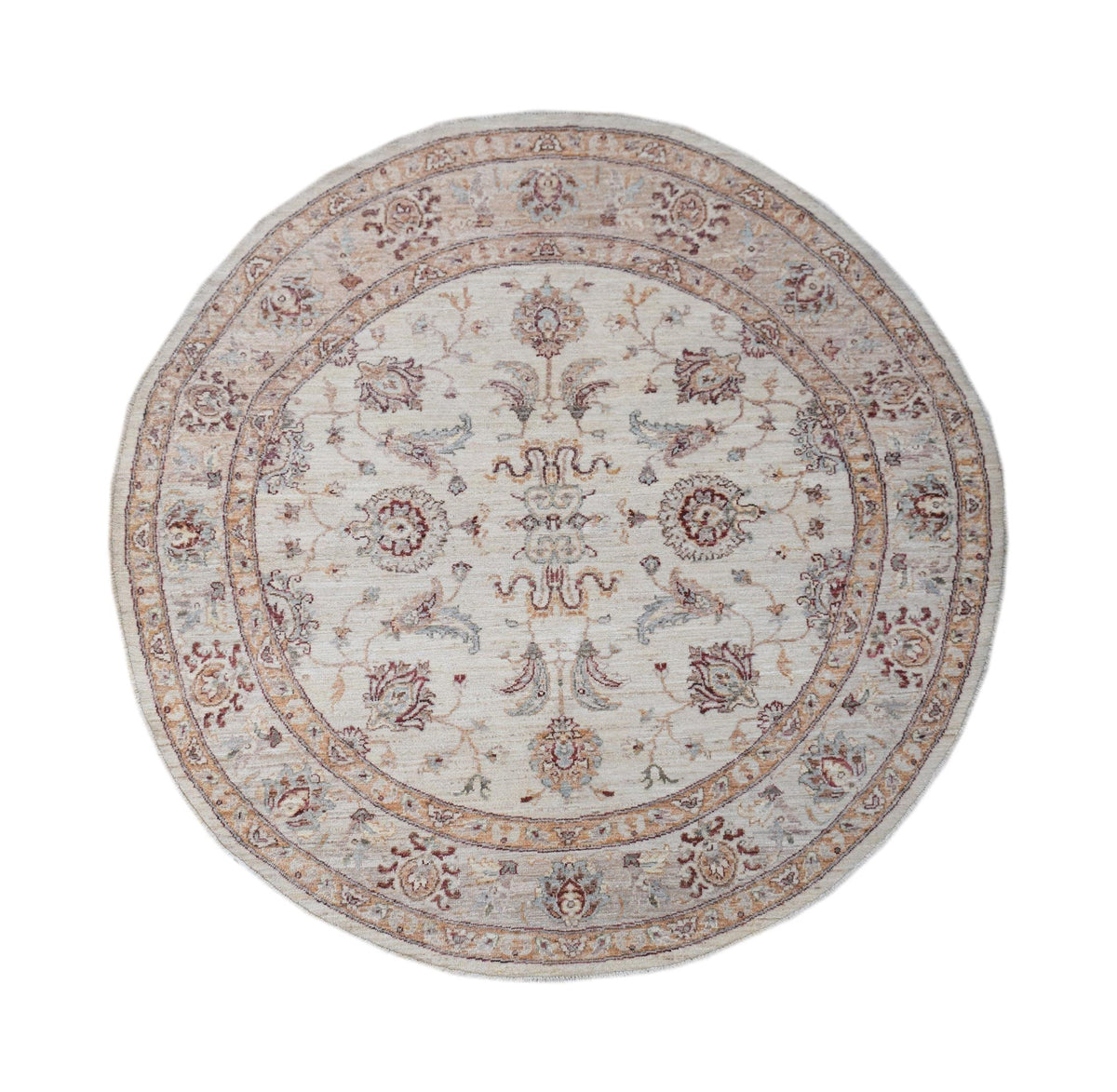 Round hand-knotted Afghan Chobi rug featuring a cream base with intricate floral patterns in soft terracotta and blue.