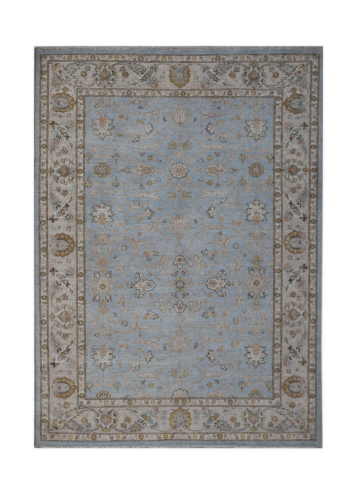 A rectangular Afghan Chobi rug featuring a light blue field with traditional floral patterns.
