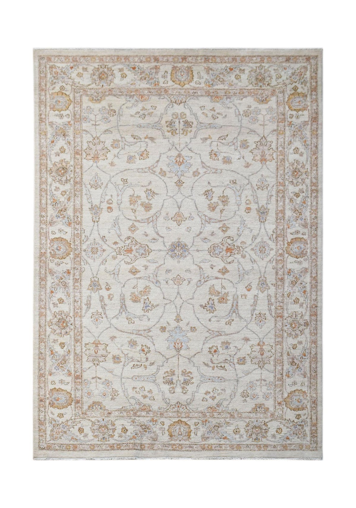 Hand-knotted Afghan Chobi rug featuring a cream field with delicate floral motifs in soft blue and terracotta tones.