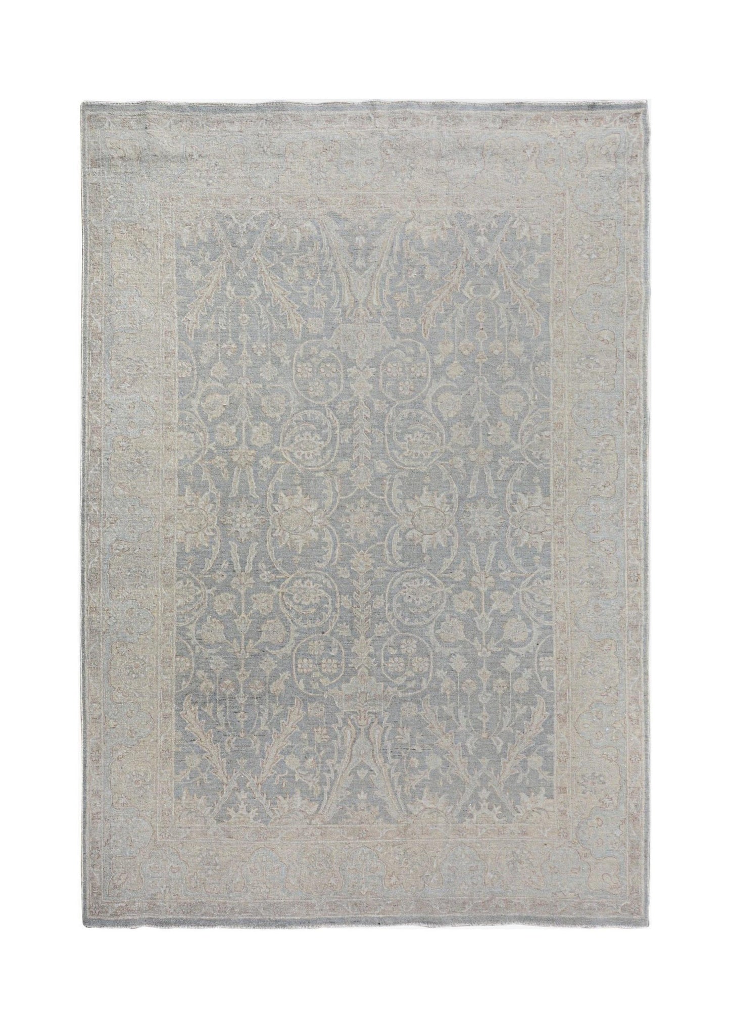 An Afghan Chobi rug featuring a traditional floral pattern in soft blue and beige tones.
