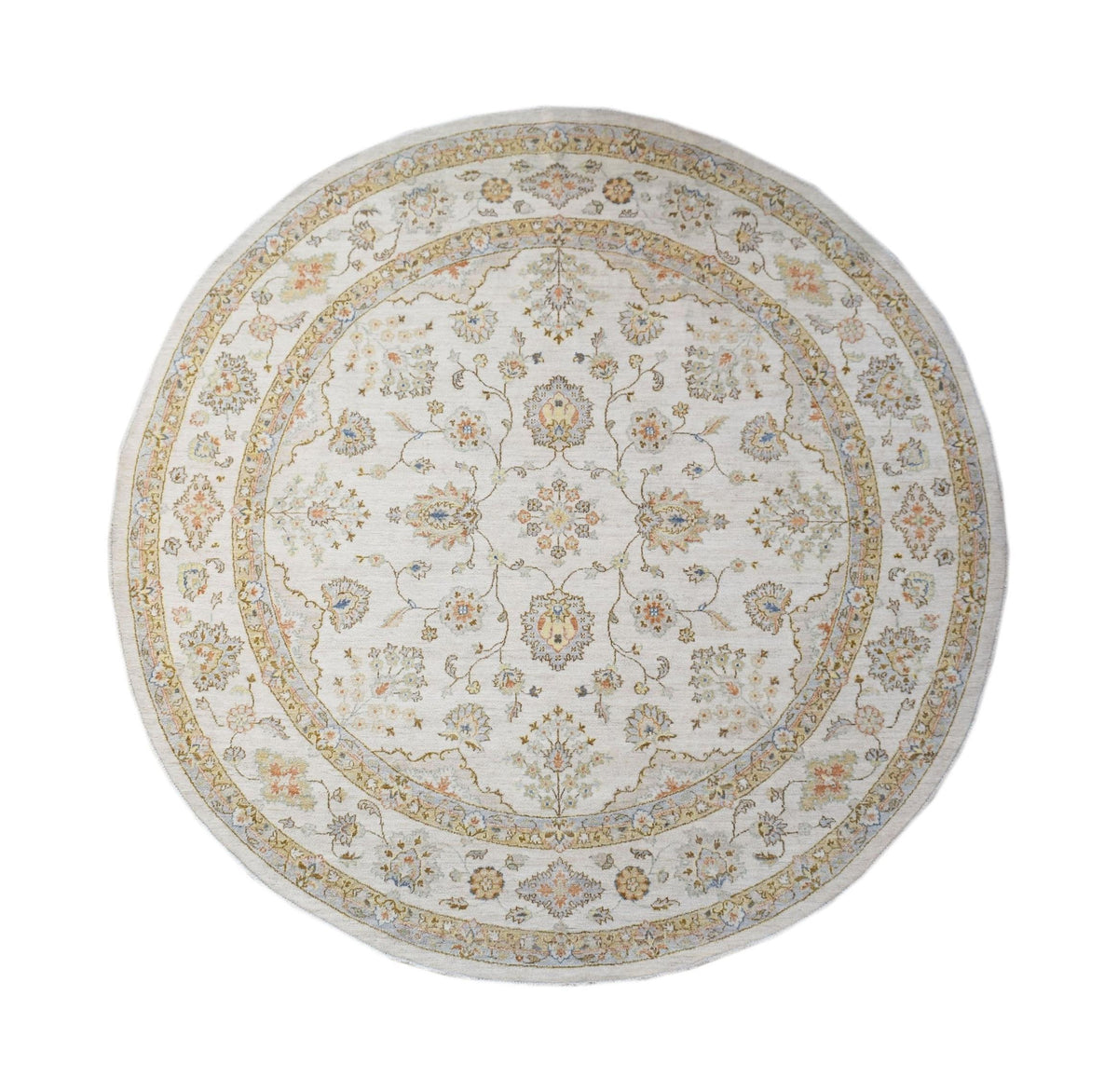 A round, handwoven Afghan Chobi rug featuring a traditional floral pattern in soft, earthy tones.