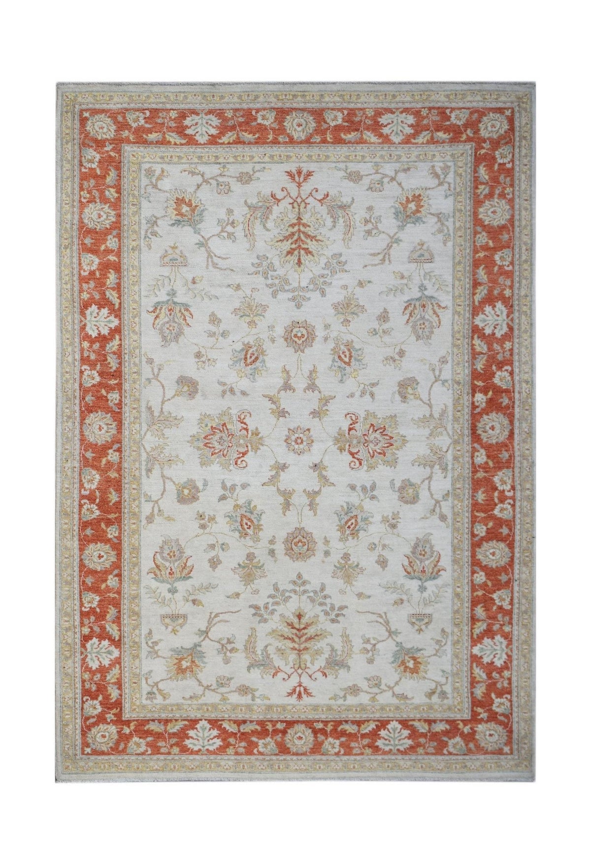 An Afghan Chobi rug featuring a traditional floral pattern in rust and cream tones.