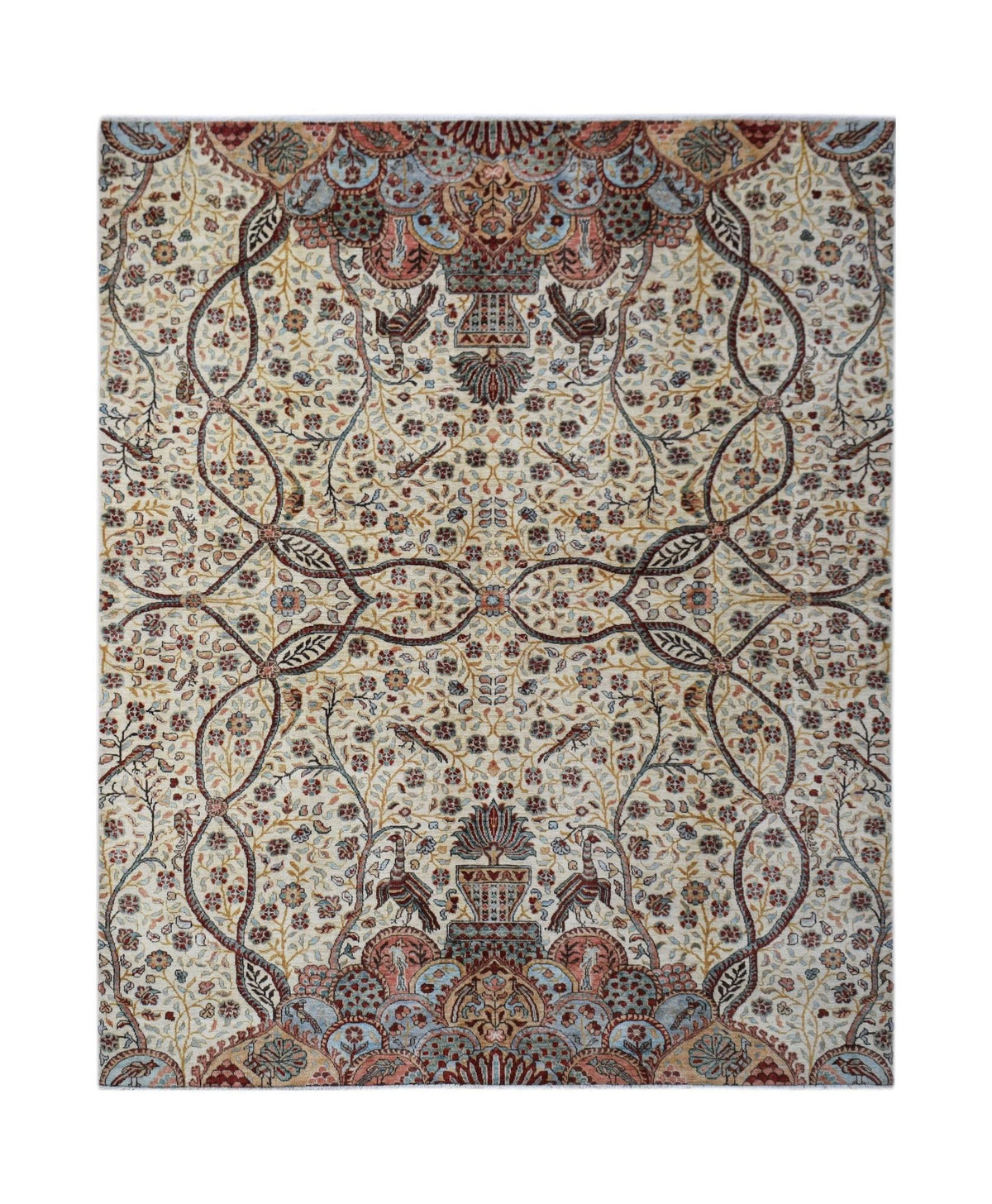 Hand-knotted Afghan Chobi rug featuring a cream field with intricate floral motifs, birds, and soft blue and terracotta accents.