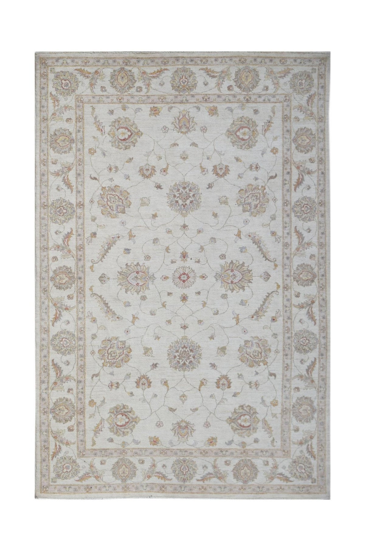 A rectangular Afghan Chobi rug featuring a traditional floral pattern in soft, earthy tones.