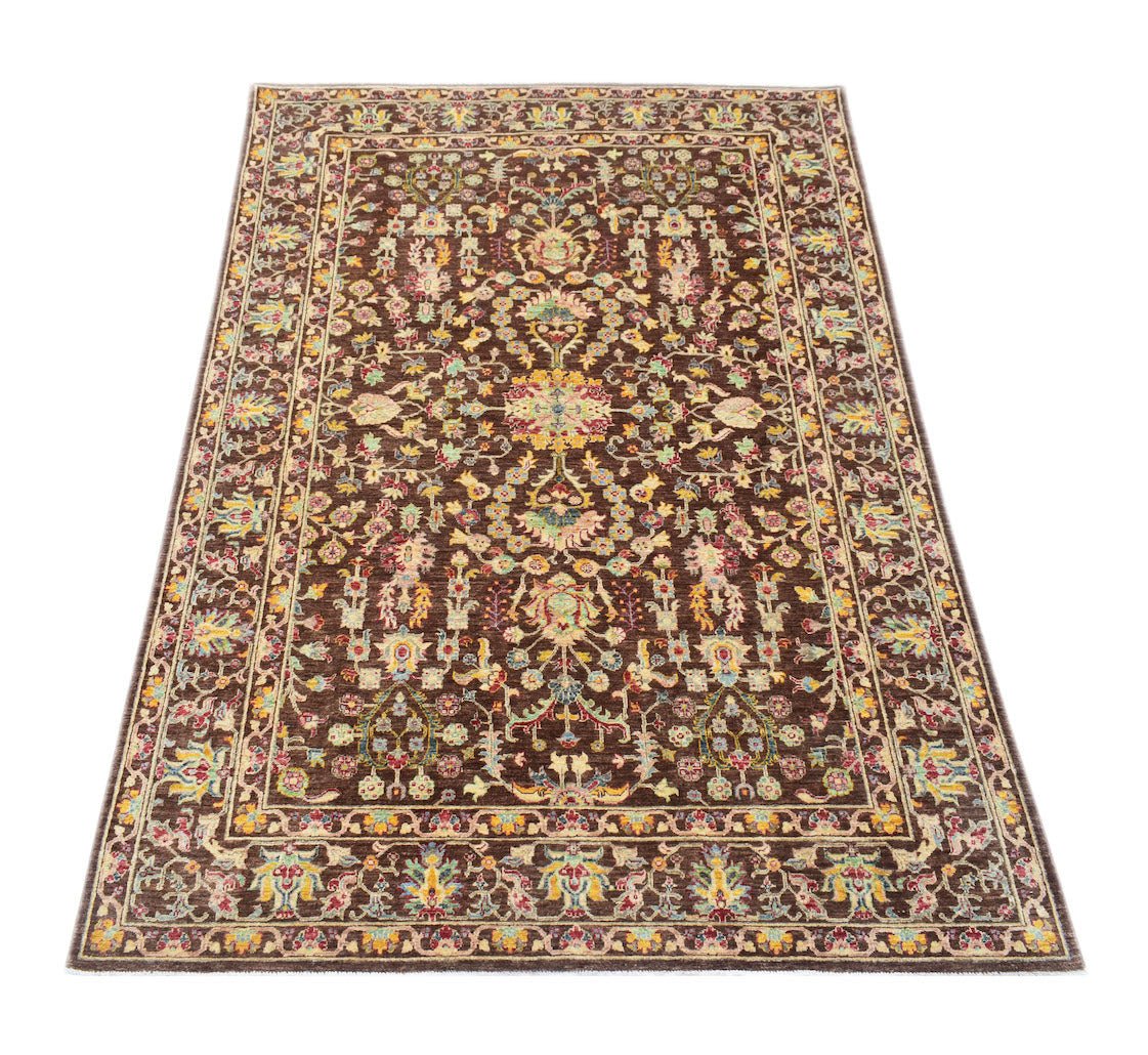 A rectangular Afghan Chobi rug featuring a traditional floral pattern in earthy tones.