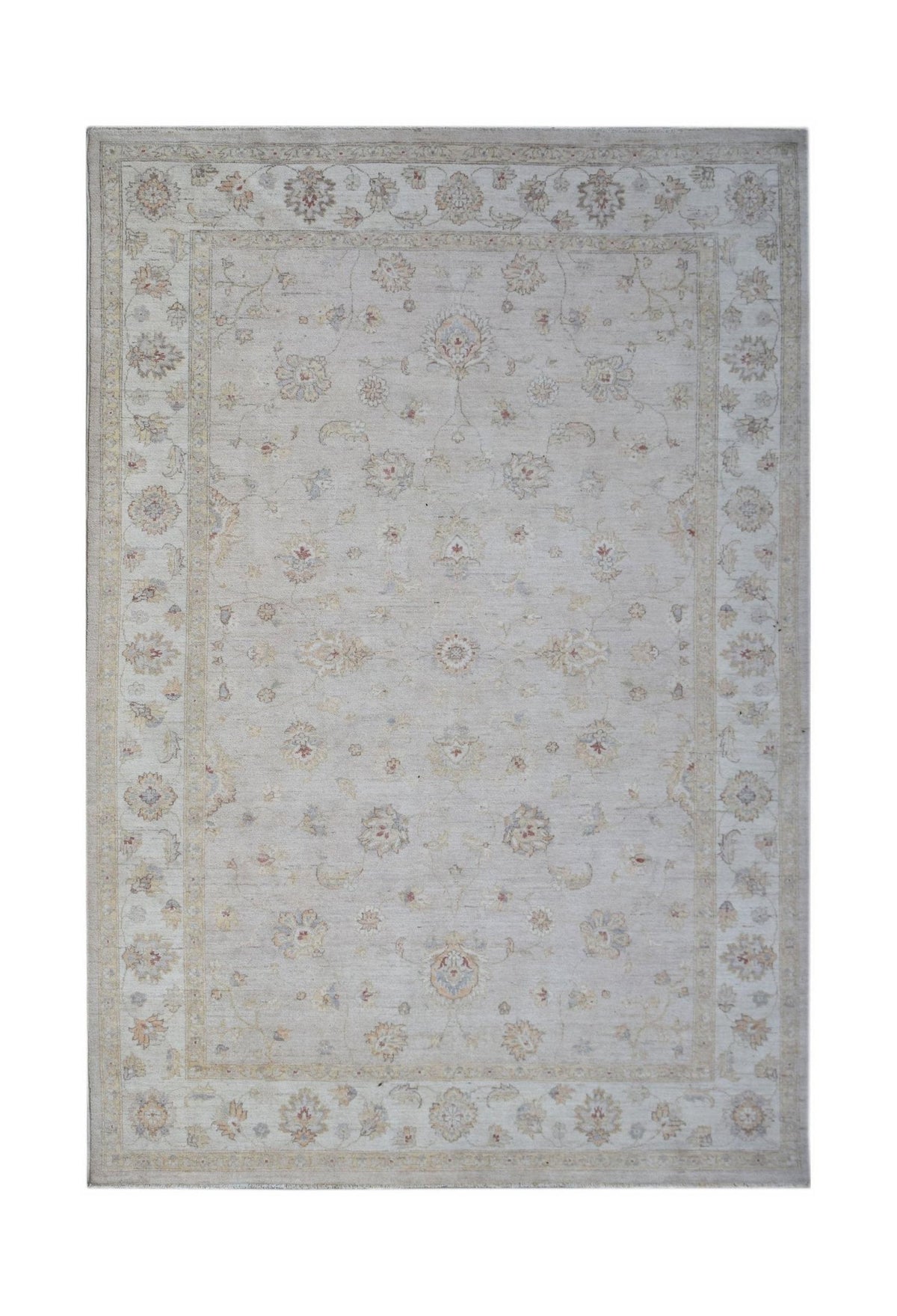 A rectangular Afghan Chobi rug featuring a traditional floral pattern in soft, neutral tones.