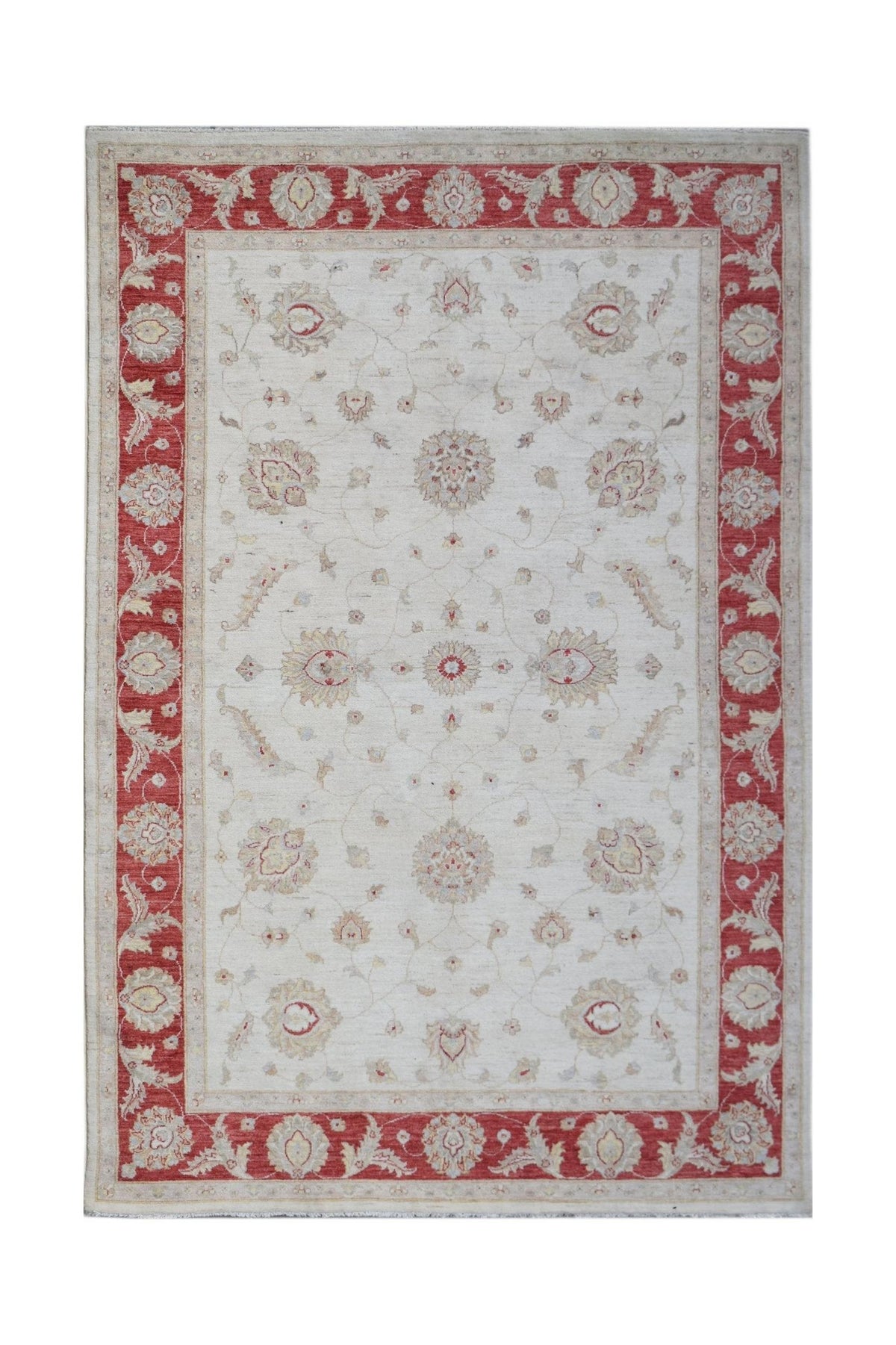An Afghan Chobi rug featuring a cream field with floral motifs and a red decorative border.