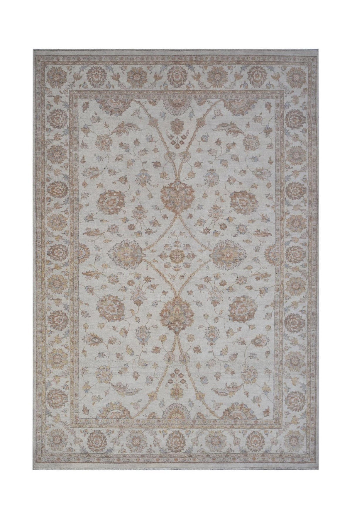 A rectangular Afghan Chobi rug featuring a traditional floral pattern in soft, earthy tones.