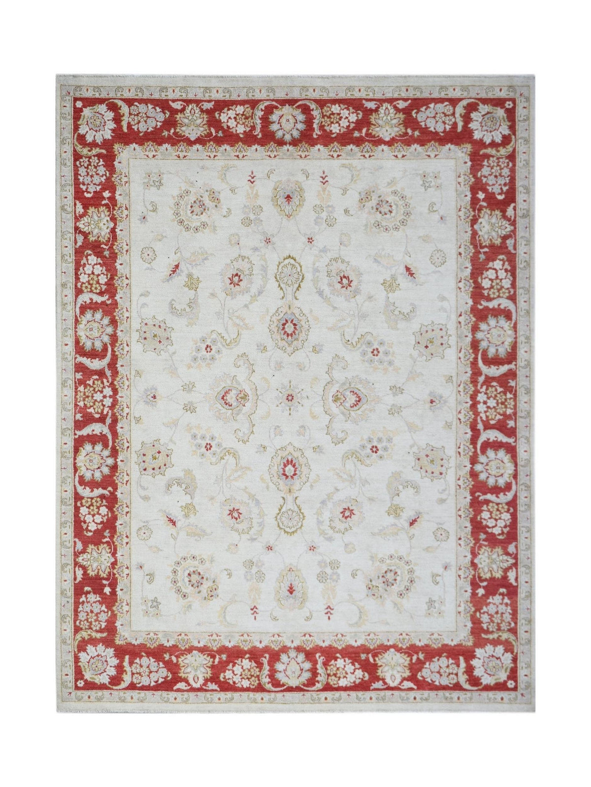 A rectangular Afghan Chobi rug featuring a cream field with floral motifs and a red border.