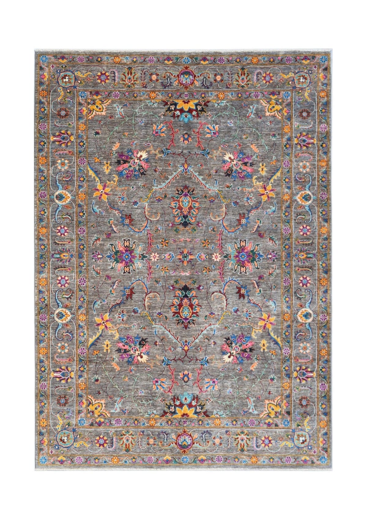 Handwoven Afghan Chobi rug featuring a traditional floral pattern in vibrant colors on a gray base.