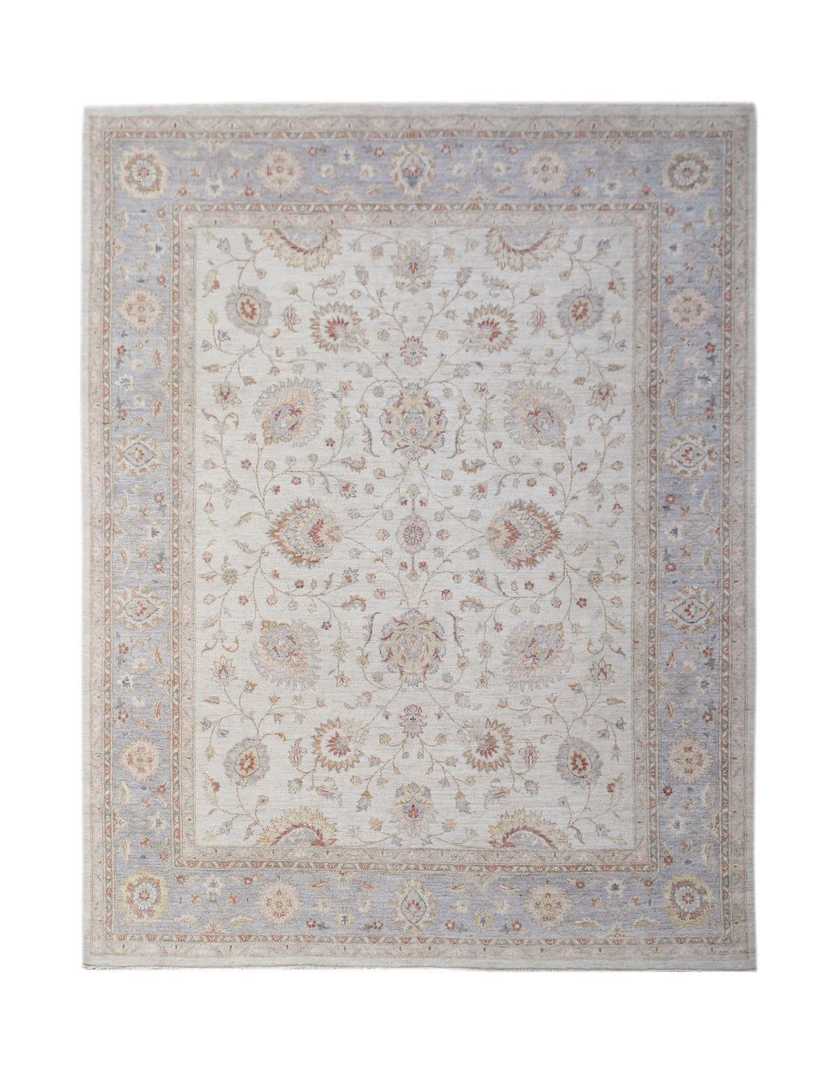 Hand-knotted Afghan Chobi rug featuring a cream field with soft blue, terracotta, and beige floral patterns.