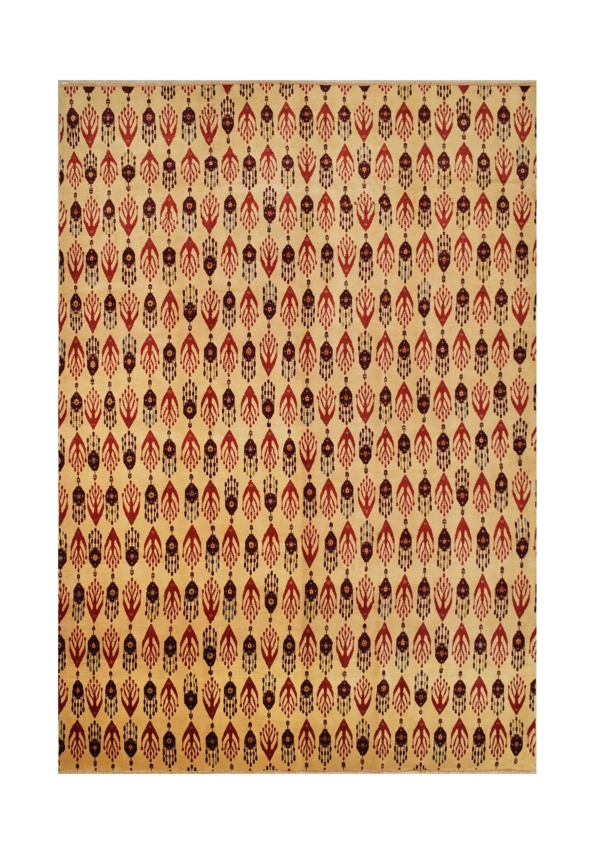 Handmade Afghan Chobi rug featuring a repeating pattern of red and dark brown botanical motifs.