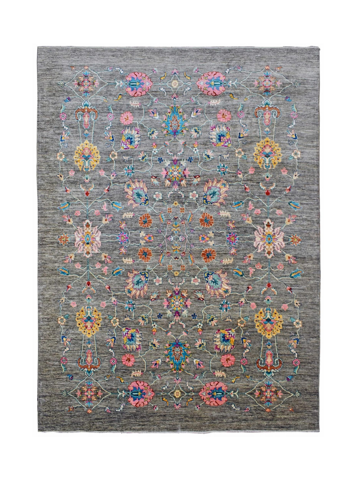 Handwoven Afghan Chobi rug featuring a floral pattern in vibrant colors on a grey wool background.