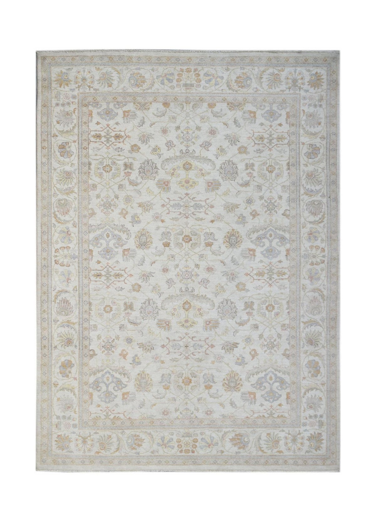 A rectangular Afghan Chobi rug featuring a traditional floral pattern in soft, neutral tones.