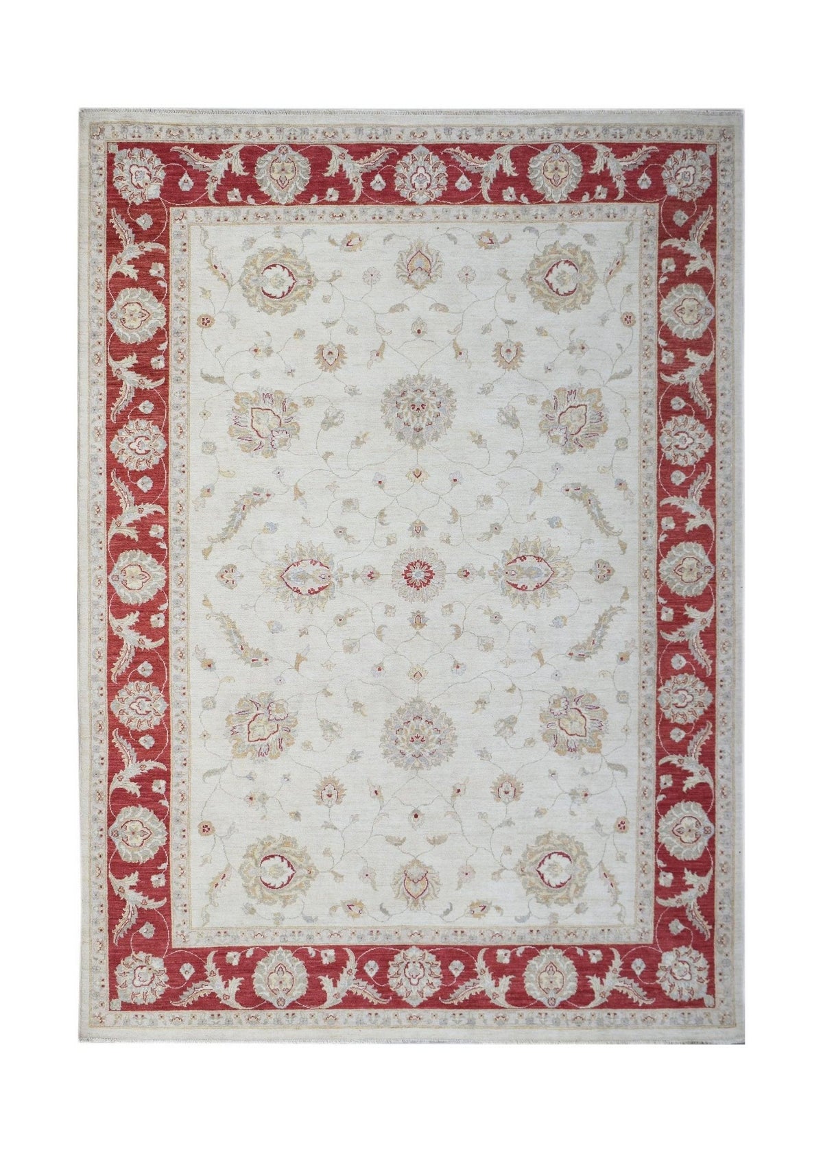An Afghan Chobi rug featuring a cream field with floral motifs and a wide red border.