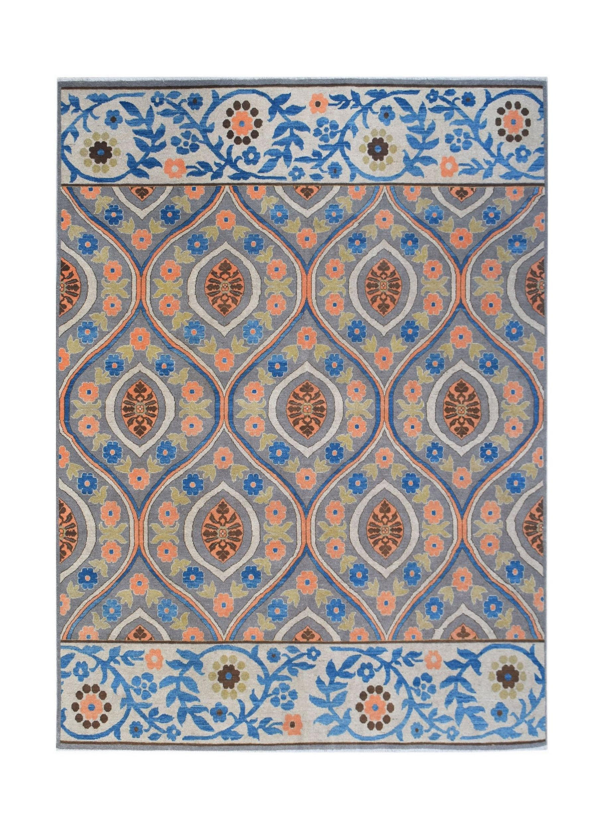 An Afghan Chobi rug featuring a repeating floral medallion pattern in blue, orange, and grey.