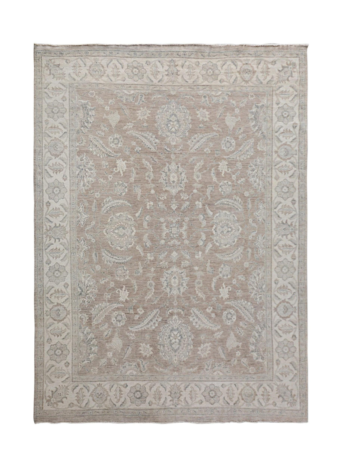 A handmade Afghan Chobi rug featuring a traditional floral pattern in soft beige and grey tones.