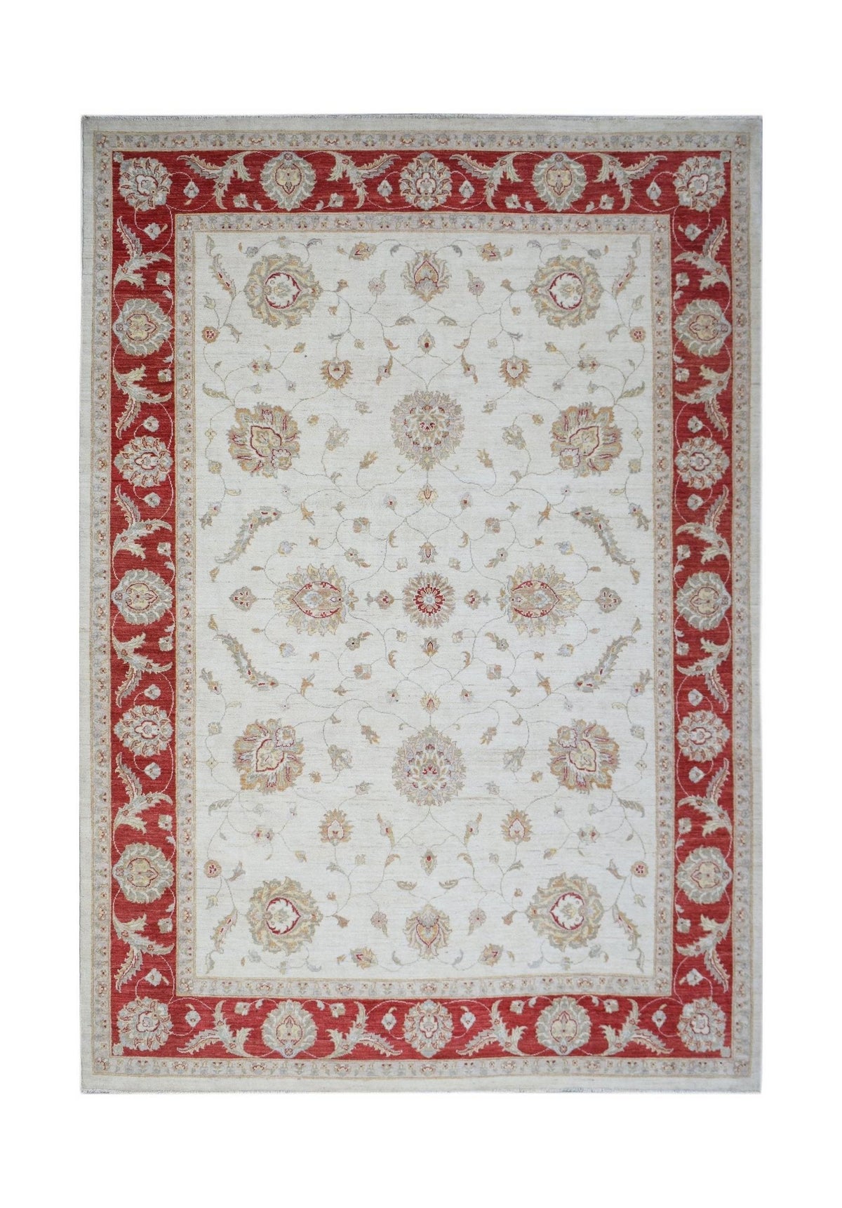 An Afghan Chobi rug featuring a cream field with floral motifs and a wide red border.