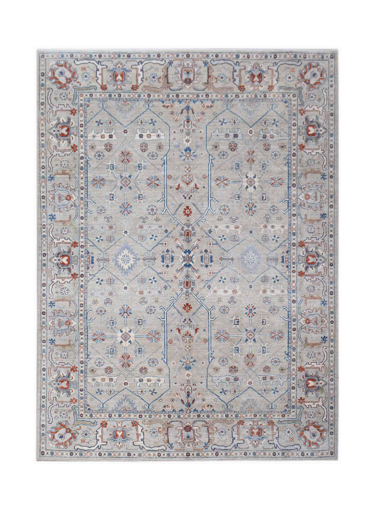 Hand-knotted Afghan Chobi rug featuring a grey field with intricate floral motifs in soft blue and rust red tones.