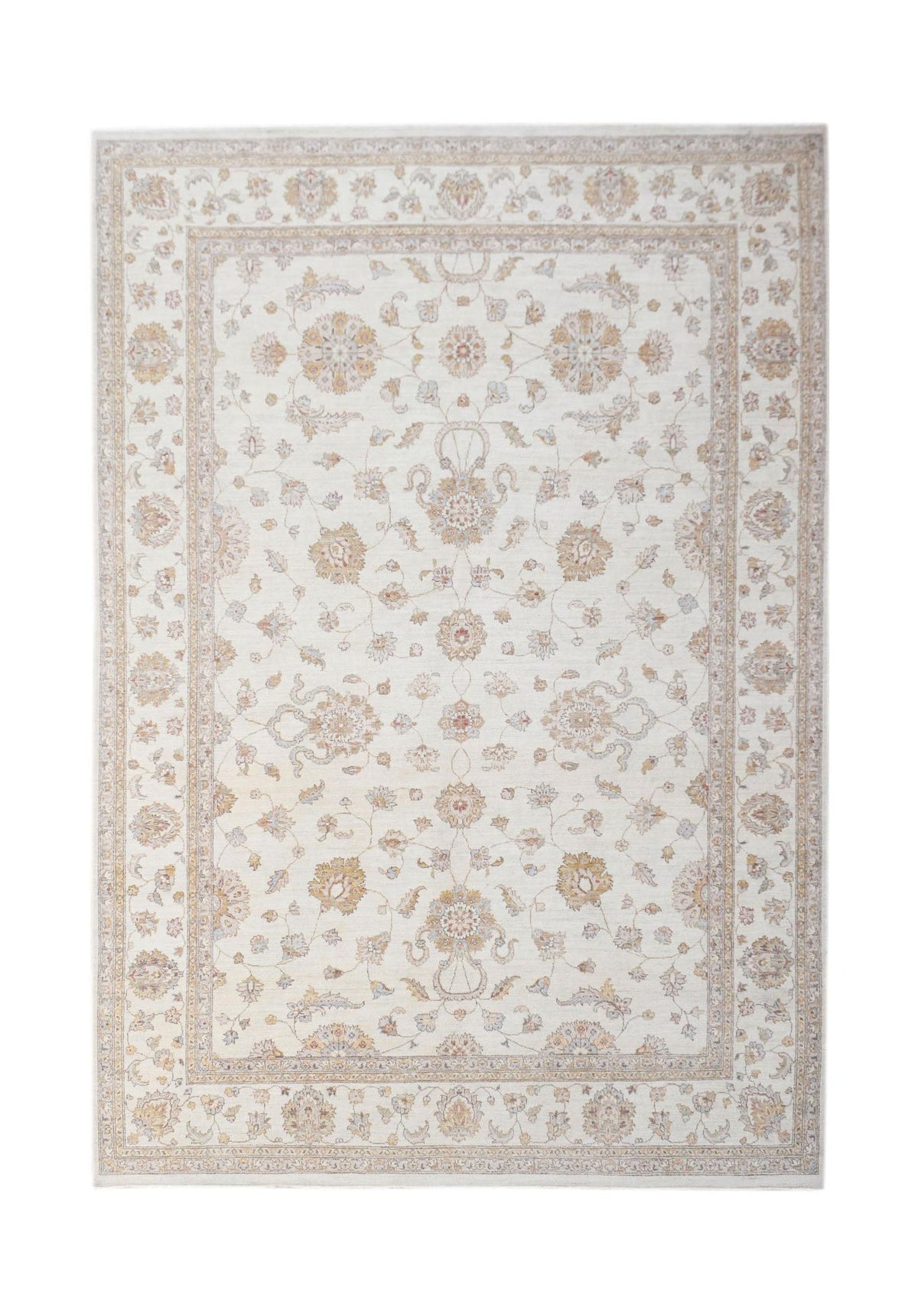 An Afghan Chobi rug featuring a traditional floral pattern in soft beige and muted earth tones.